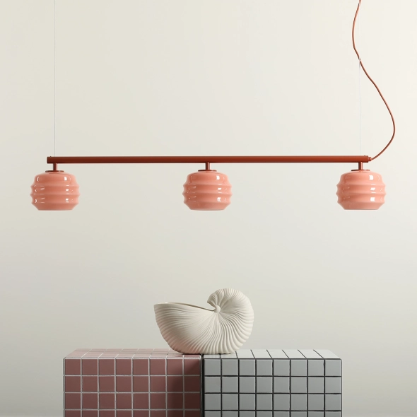Trzypłomienna lampa wisząca w kolorze terakoty ze szklanymi kloszami PUFF GLAZE 3 TERRA