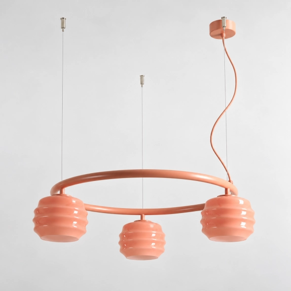 Okrągła lampa wisząca 5-płomienna w kolorze terakoty ze szklanymi kloszami PUFF GLAZE 5 RING TERRA