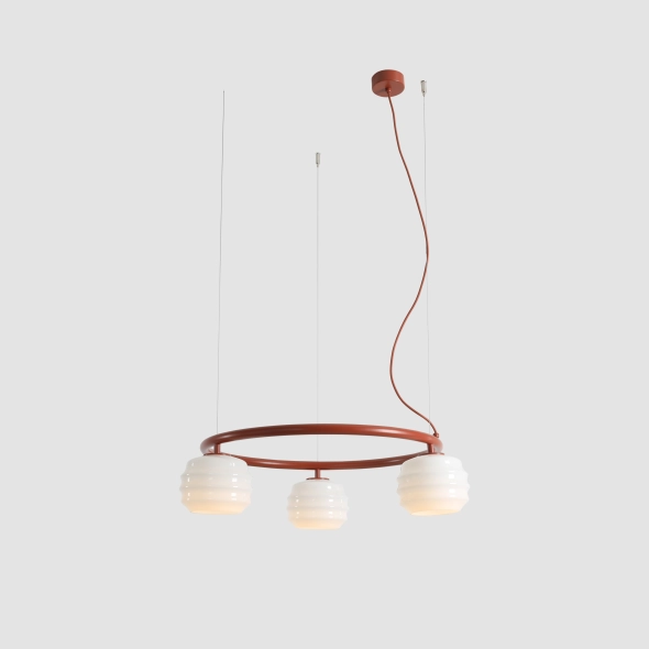 Okrągła lampa wisząca 3-płomienna w kolorze terakoty ze szklanymi kloszami PUFF 3 RING TERRA