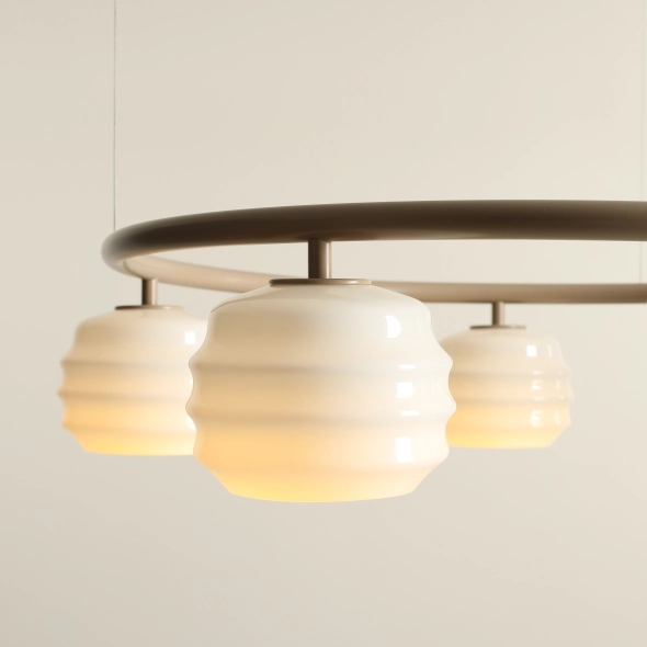 Okrągła lampa wisząca 5-płomienna w beżowym kolorze ze szklanymi kloszami PUFF 5 RING BEIGE