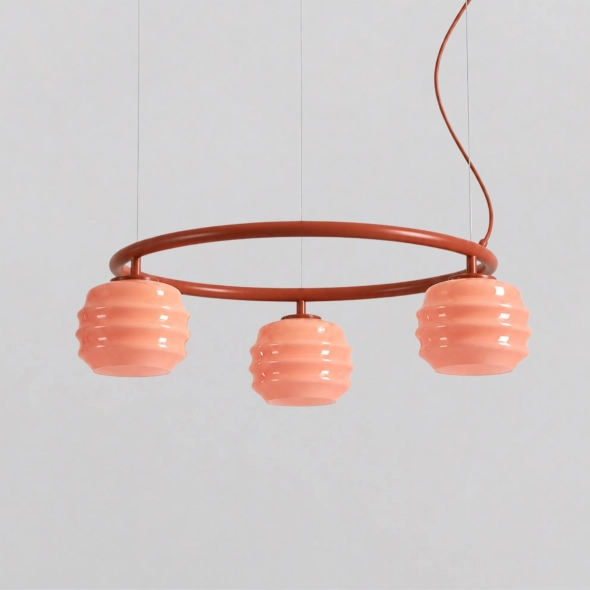 Okrągła lampa wisząca 3-płomienna w kolorze terakoty ze szklanymi kloszami PUFF GLAZE 3 RING TERRA